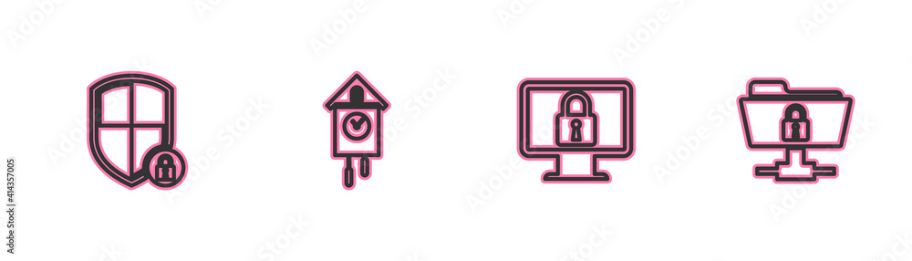 Set line Shield security with lock, Lock on monitor, Retro wall watch and FTP folder and icon. Vector. Set line Shield security with lock, Lock on monitor, Retro wall watch and FTP folder and icon. Vector.