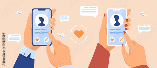 Hands of dating app users holding mobile phones. Single people looking for partners on internet. Flat vector illustration. Perfect match concept for banner, website design or landing web page