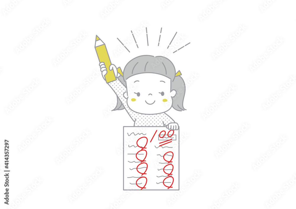 百点満点のテストを見せる笑顔の女の子 勉強頑張るぞ Stock Vector Adobe Stock