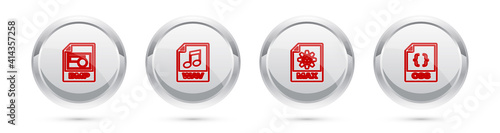 Set line BMP file document, WAV, MAX and CSS. Silver circle button. Vector.