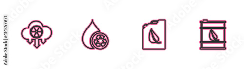 Set line Acid rain and radioactive cloud, Bio fuel canister, Recycle clean aqua and barrel icon. Vector.