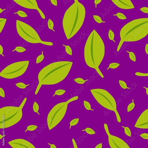 Seamless pattern with green leaves. Violet background. Autumn  spring or summer. Nature and ecology. For packaging design and wrapping paper. For wallpaper  scrapbooking  textile and post cards