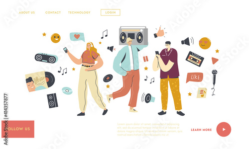 Young People Listen Playlist Landing Page Template. Characters in Headphones Enjoying Sound Music Composition