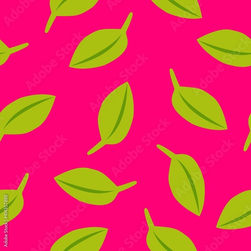 Seamless pattern with green leaves. Pink background. Autumn, spring or summer. Nature and ecology. For packaging design and wrapping paper. For wallpaper, scrapbooking, textile and post cards