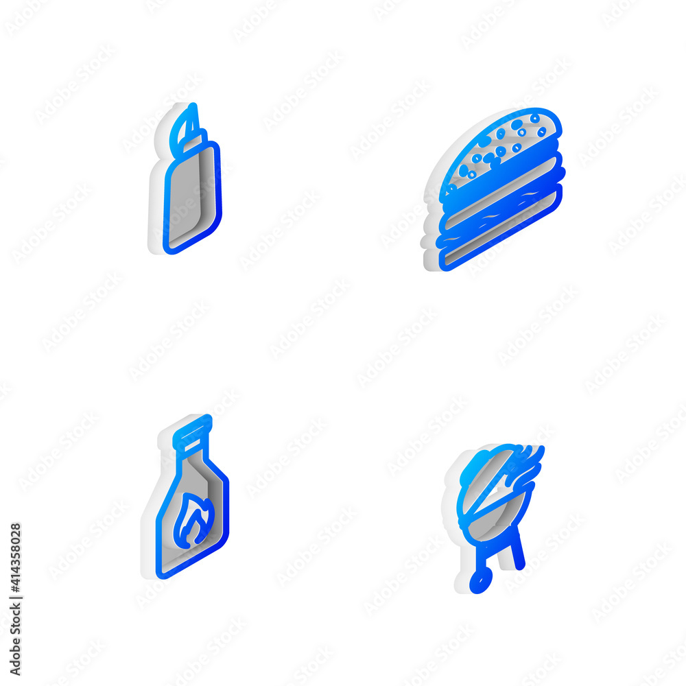 Set Isometric line Steak meat, Barbecue grill, and Mustard bottle icon. Vector. Set Isometric line Steak meat, Barbecue grill, and Mustard bottle icon. Vector.