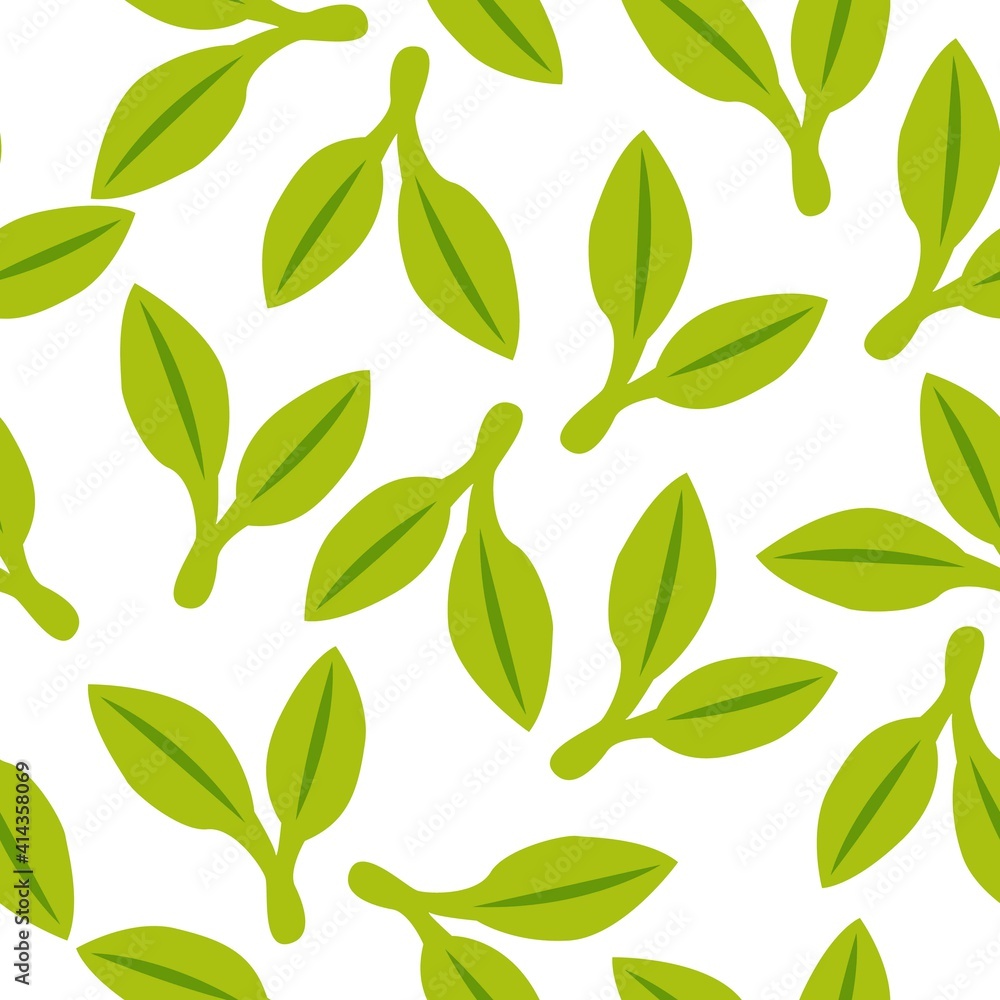 Seamless pattern with green doudle leaves. White background. Autumn, spring or summer. Nature and ecology. For packaging design and wrapping paper. For wallpaper, scrapbooking, textile and post cards Seamless pattern with green doudle leaves. White background. Autumn, spring or summer. Nature and ecology. For packaging design and wrapping paper. For wallpaper, scrapbooking, textile and post cards