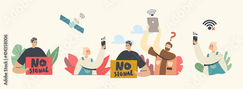 Lost Wireless Connection, No Wifi Signal Technology. Characters Use Wifi and Satellite for Surfing Internet Hotspot Zone