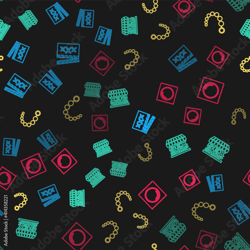 Set line Movie clapper with Sex, shop building, Anal beads and Condom package on seamless pattern. Vector.