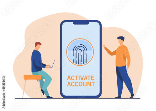 Phone user activating account with fingerprint. Smartphone screen, biometric identity. Flat vector illustration. Cyber security, data protection concept for banner, website design or landing web page