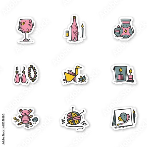 Craft hobby stickers. Handmade and homemade badge for designs. Consist of knitting, handmade candles, decoupage, amigurumi. Craft hobby vector emblems