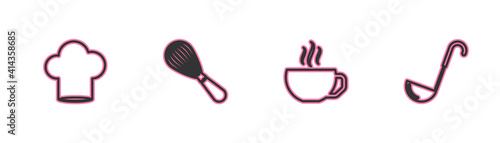 Set line Chef hat, Coffee cup, Kitchen whisk and ladle icon. Vector.