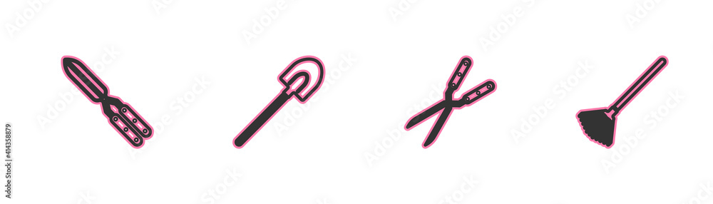 Naklejka premium Set line Gardening handmade scissor, , shovel and rake for leaves icon. Vector.