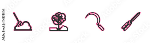 Set line Shovel in the ground, Sickle, Planting tree and Gardening handmade scissor icon. Vector.