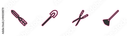 Set line Gardening handmade scissor, , shovel and rake for leaves icon. Vector.