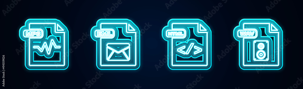 Set line MP3 file document, EML, HTML and WAV. Glowing neon icon. Vector. Set line MP3 file document, EML, HTML and WAV. Glowing neon icon. Vector.