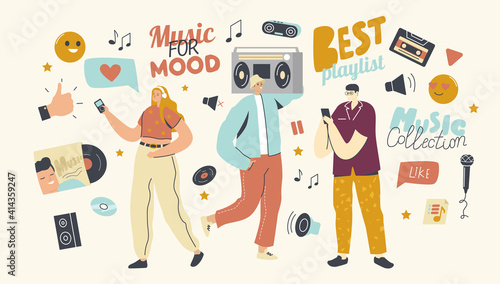 Young People Listen Playlist with Sound Composition on Music Player or Mobile Phone Application. Characters Enjoying