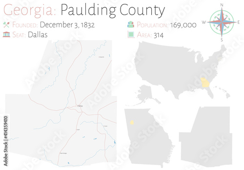 Large and detailed map of Paulding county in Georgia, USA.