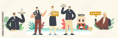 Five Stars Hotel, Hospitality Service Concept. Staff Receptionist, Waiter with Menu and Cloche on Tray Meeting Tourists