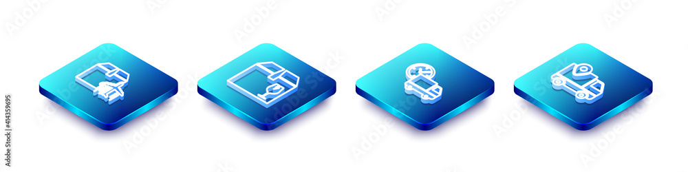 Set Isometric line Plane and cardboard box, Delivery with fragile content, truck clock and tracking icon. Vector. Set Isometric line Plane and cardboard box, Delivery with fragile content, truck clock and tracking icon. Vector.