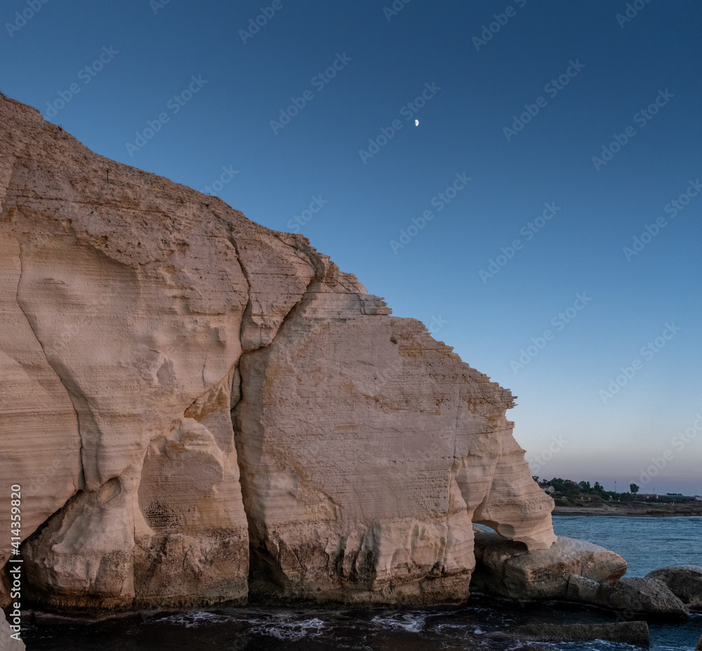 Large panoramic view of Elephant leg rock in Rosh Hanikra at night time. Israel