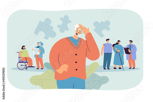 Patients with Alzheimers disease. Confused old man lost in thoughts, connecting puzzles in his mind. For mental illness, neurology therapy, loss memory, brain treatment concept