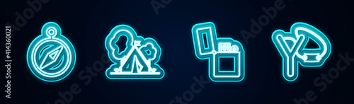 Set line Compass, Tourist tent with flag, Lighter and Slingshot. Glowing neon icon. Vector.