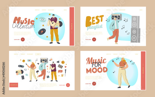 Young People Listen Playlist Landing Page Template Set. Characters in Headphones Enjoying Sound Composition