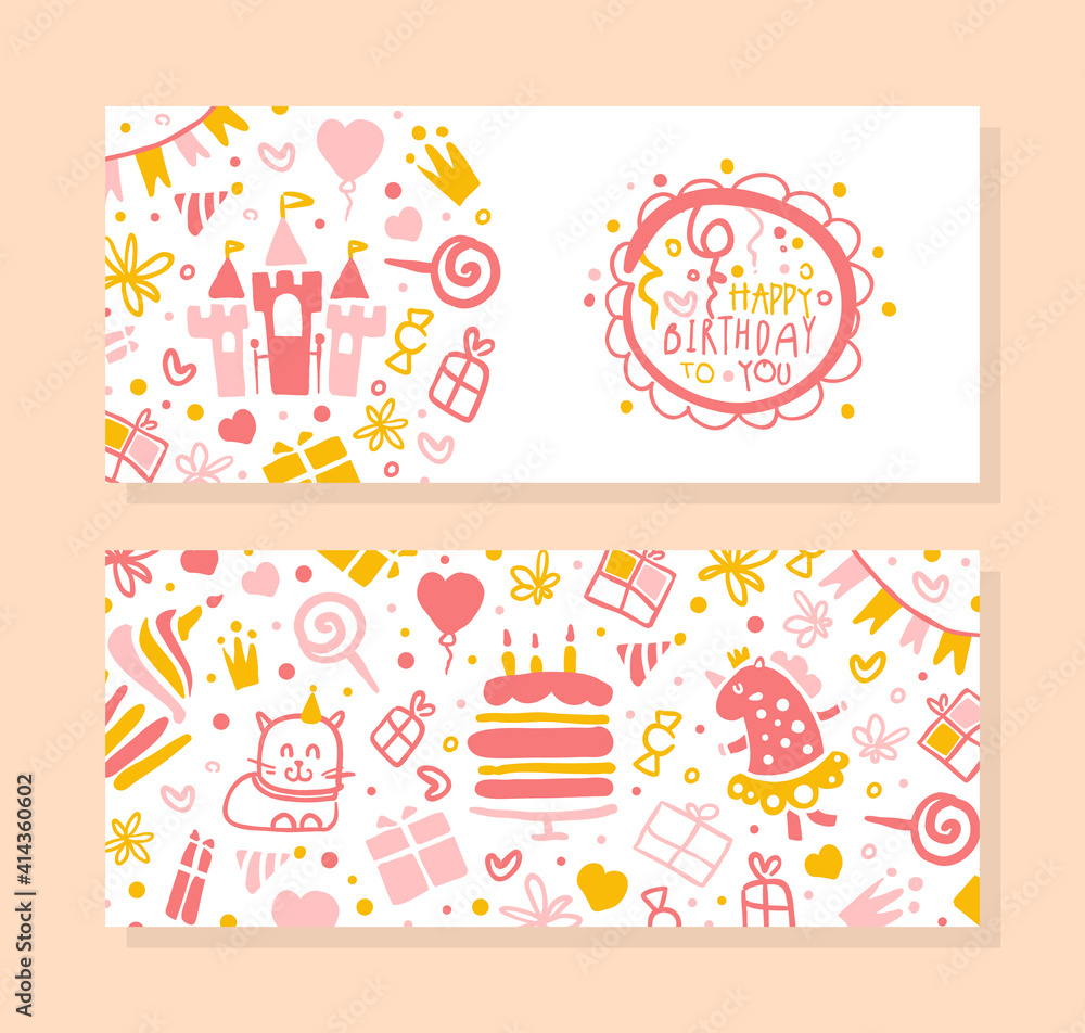 Fototapeta premium Happy Birthday to You Banner Template, Holiday Party for Kids Flyer, Decoration Poster, Festive Background, Invitation Card Design Cartoon Vector Illustration