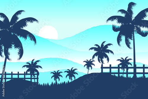 Beautiful silhouettes of palm trees and mountains in sunset