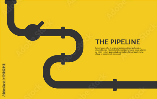 Web banner template. Industrial background with yellow pipeline. Oil, water or gas pipeline with fittings and valves. Vector illustration