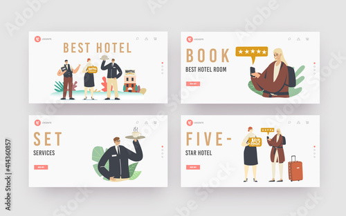 Best Hotel Five Stars Service Landing Page Template Set. Hospitality Staff Meeting Tourists in Top Quality Luxury Hotel