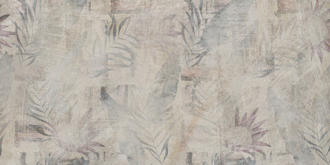 Flowers on the old white wall background, digital wall tiles or wallpaper design