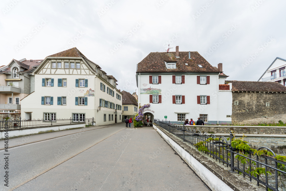 Radolfzell, Germany - May 4 2019: Bridge over the City Garden, at the entrance into the historic town center of Radolfzell