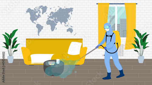 Man in protective suit disinfects living room with spray gun. Prevention against spread of disease. Premises sanitization. Sanitary inspection worker disinfecting home.