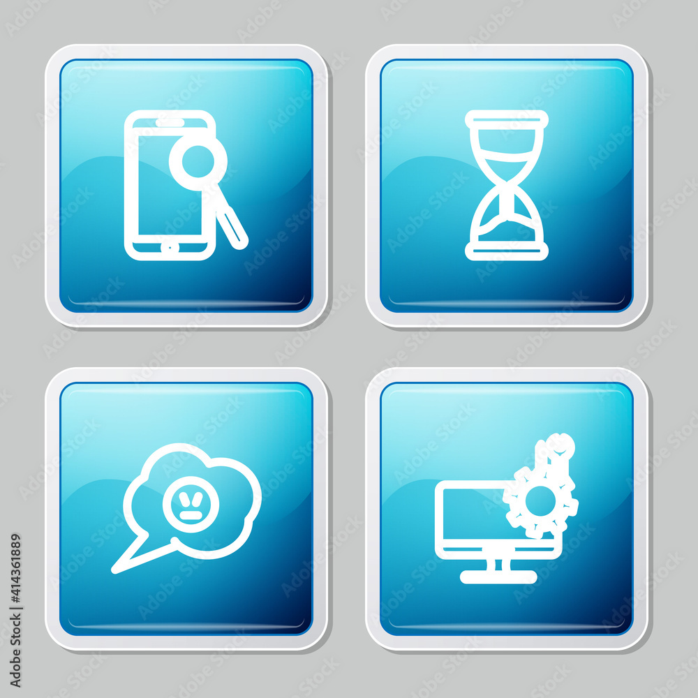 Set line Mobile phone diagnostics, Hourglass, Speech bubble with angry smile and Computer monitor service icon. Vector. Set line Mobile phone diagnostics, Hourglass, Speech bubble with angry smile and Computer monitor service icon. Vector.