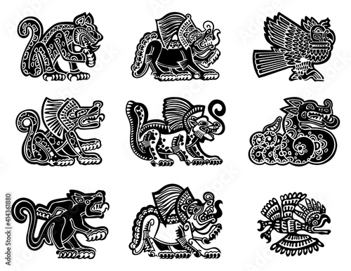 Colection of ink drawings of jaguar, lion, eagle in aztec or maya native american petroglyph style, black and white, isolated, for custom print and logo design
