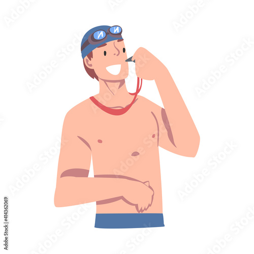 Cheerful Man Swimming Coach Character, Trainer with Whistle Teaching Swimmers at Swimming Class Cartoon Style Vector Illustration