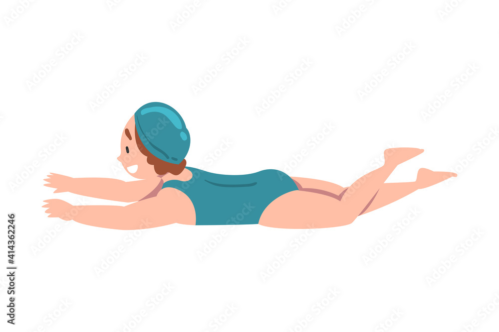 Little Girl Swimming in Pool, Cute Kid Dressed Blue Swimsuit and Cap Learning to Swim or Taking Part at Competition Cartoon Style Vector Illustration Little Girl Swimming in Pool, Cute Kid Dressed Blue Swimsuit and Cap Learning to Swim or Taking Part at Competition Cartoon Style Vector Illustration