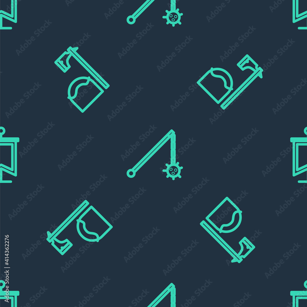 Set line Medieval chained mace ball, Executioner axe tree block and flag on seamless pattern. Vector. Set line Medieval chained mace ball, Executioner axe tree block and flag on seamless pattern. Vector.