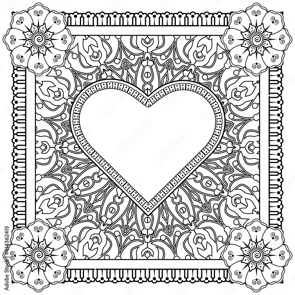 Hand drawn heart with mehndi flower. Mehndi flower for henna, mehndi, tattoo, decoration. decorative ornament in ethnic oriental style. doodle ornament. outline hand draw illustration. coloring book p Hand drawn heart with mehndi flower. Mehndi flower for henna, mehndi, tattoo, decoration. decorative ornament in ethnic oriental style. doodle ornament. outline hand draw illustration. coloring book p