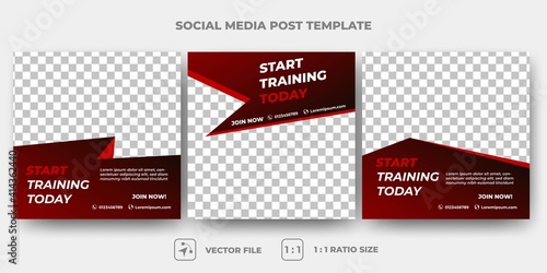 Set of Editable promotional banner design template. Gym and sport square banner with abstract red accents. Suitable for social media, flyers, banner, and web ads. Flat design vector with photo collage