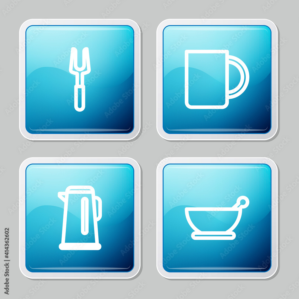 Set line Barbecue fork, Coffee cup, Kettle with handle and Mortar pestle icon. Vector. Set line Barbecue fork, Coffee cup, Kettle with handle and Mortar pestle icon. Vector.