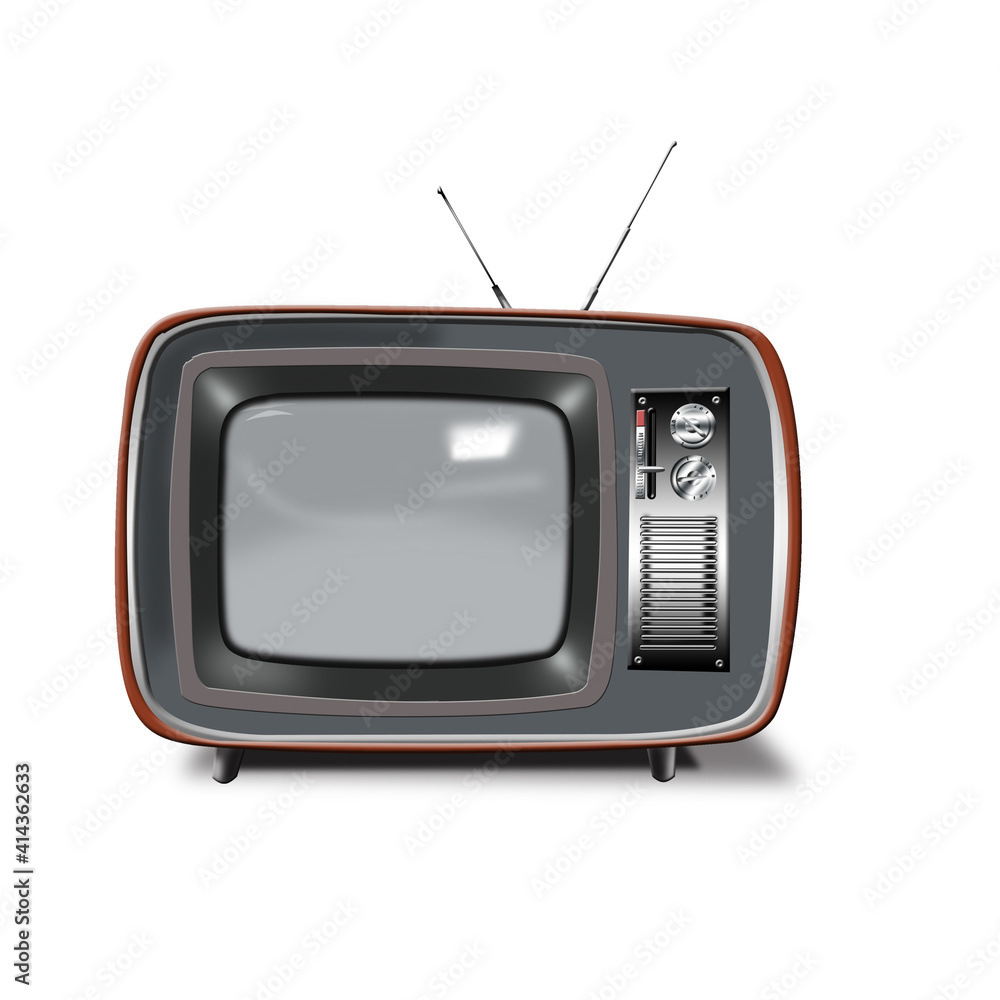 On a white isolated background an old TV with an antenna turned off with a shiny screen and a chrome control panel On a white isolated background an old TV with an antenna turned off with a shiny screen and a chrome control panel