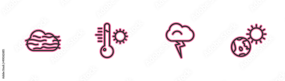 Set line Fog and cloud, Storm, Meteorology thermometer and Earth globe sun icon. Vector. Set line Fog and cloud, Storm, Meteorology thermometer and Earth globe sun icon. Vector.