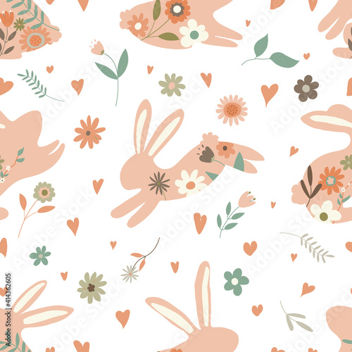 Vector seamless spring pattern with rabbits and plants. Easter pattern. cartoon bunnies