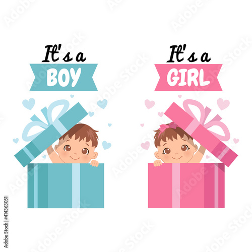 Cute infant in surprise gift box with a phrase "It's a boy" and "It's a girl". Baby gender reveal. Flat vector design.