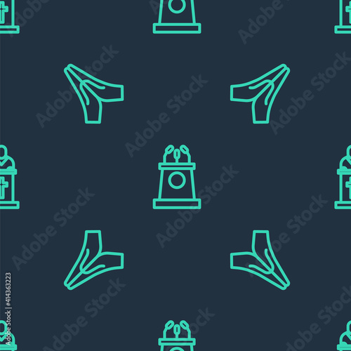 Set line Stage stand or tribune, Hands in praying position and Church pastor preaching on seamless pattern. Vector.
