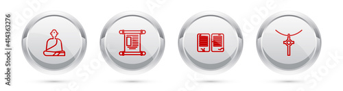 Set line Buddhist monk, Decree, paper, parchment, scroll, The commandments and Christian cross chain. Silver circle button. Vector.