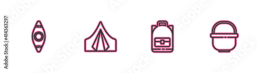 Set line Kayak or canoe, Hiking backpack, Tourist tent and Camping pot icon. Vector.