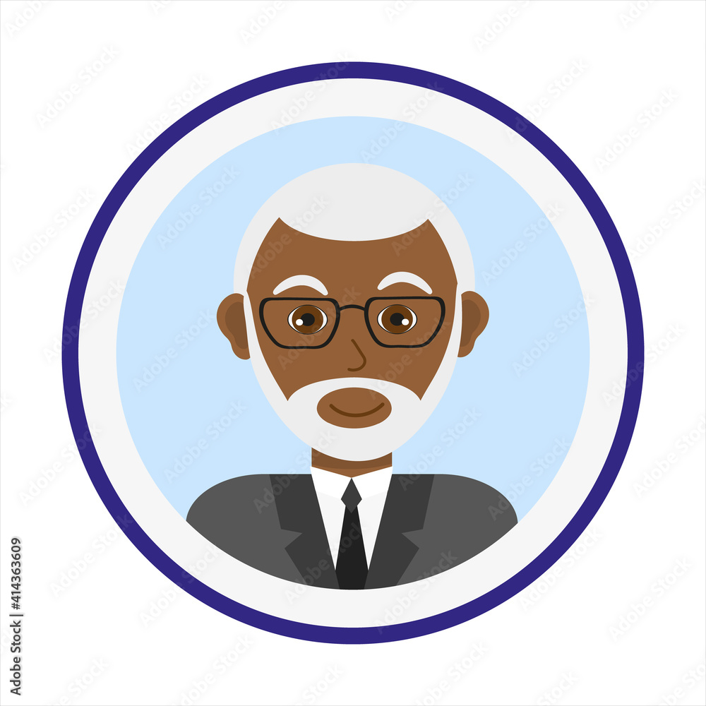 Smiling man face with short white hair, beard and mustache and wearing glasses. Male face. Man avatar. Handsome mature African American man portrait. Isolated flat vector illustration.